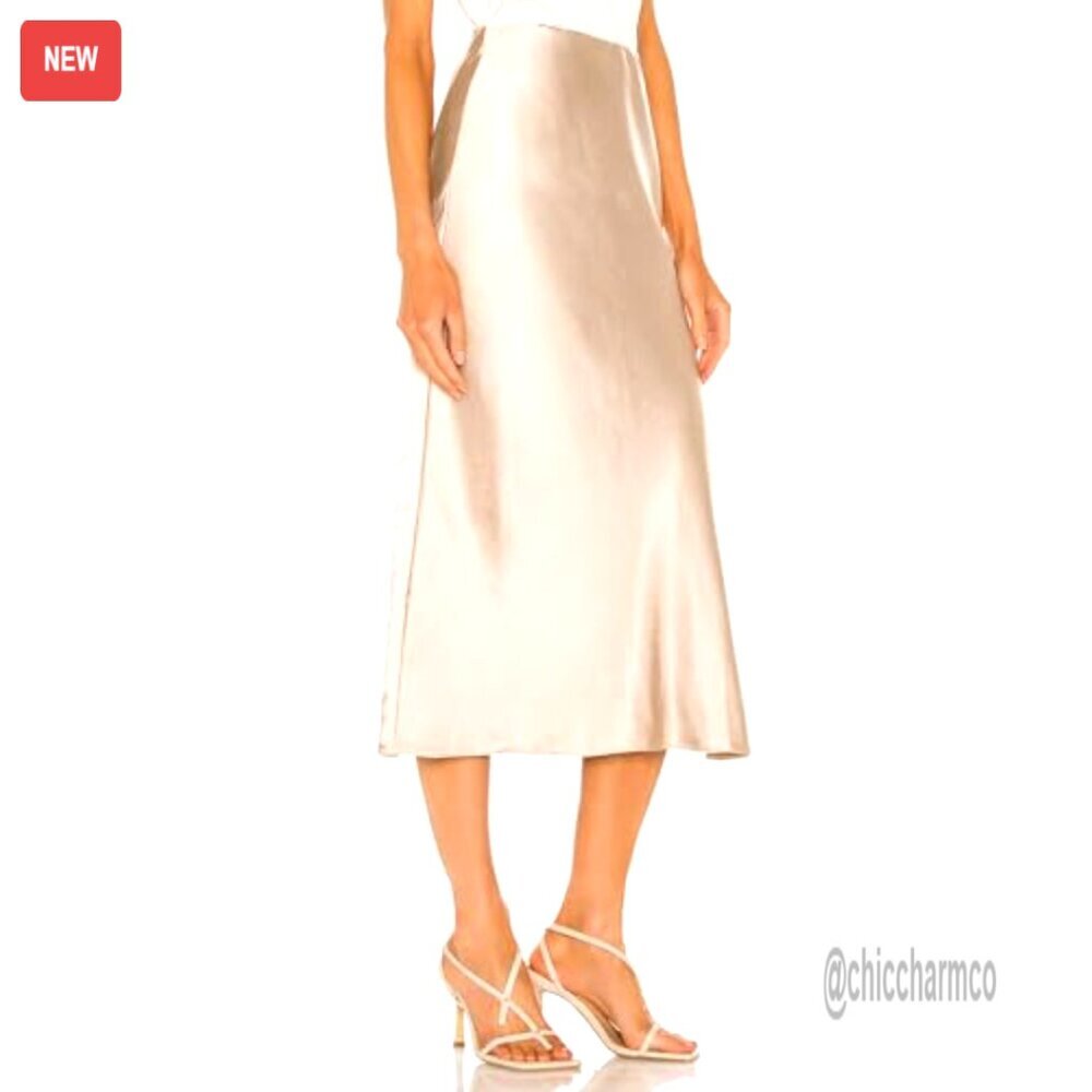 Satin Silk Midi Skirt High Waist Side Slit Elastic Waistband Flowy - Picture 2 of 7